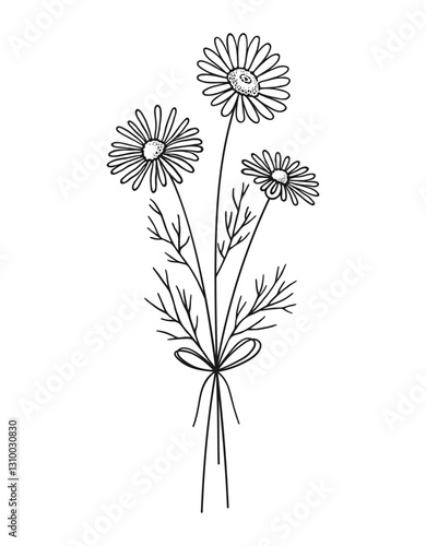 Wildflower black line art bouquet on white background. Hand drawn flowers, meadow herbs, wild plants, and botanical elements for design projects. Vector illustration
