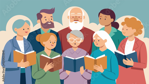 In the church bat a group of elderly believers study their Bibles with a passion and dedication that belies their age.. Vector illustration
