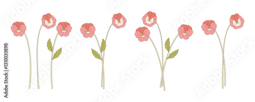Bright set of pansy bouquets. Bunches of blooming wildflowers, perennial wild plants. Botanical hand-drawn elements for design projects. Vector illustration