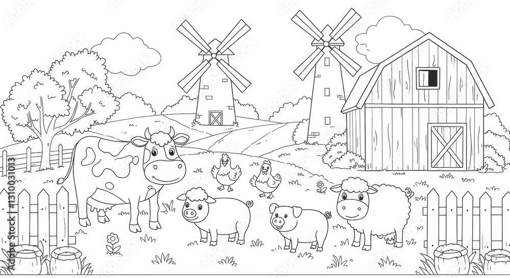 Obraz premium A Cozy Countryside Farm Scene with a Wooden Barn and Windmill