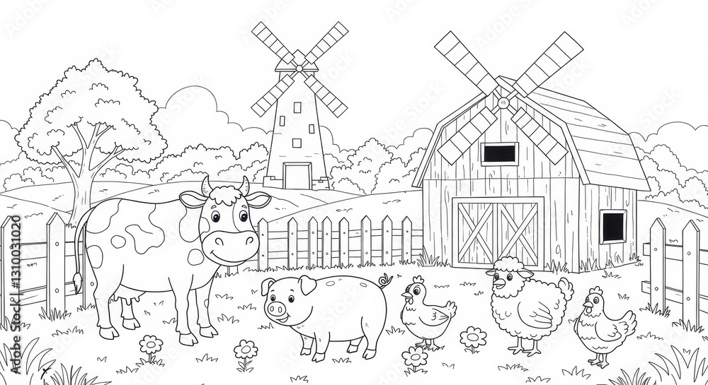 Fototapeta premium Idyllic Countryside Farm Scene with Wooden Barn and Windmill