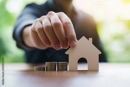 Hand Holding House Model with Stacked Coins, Real Estate Investment and Home Financing Concept photo