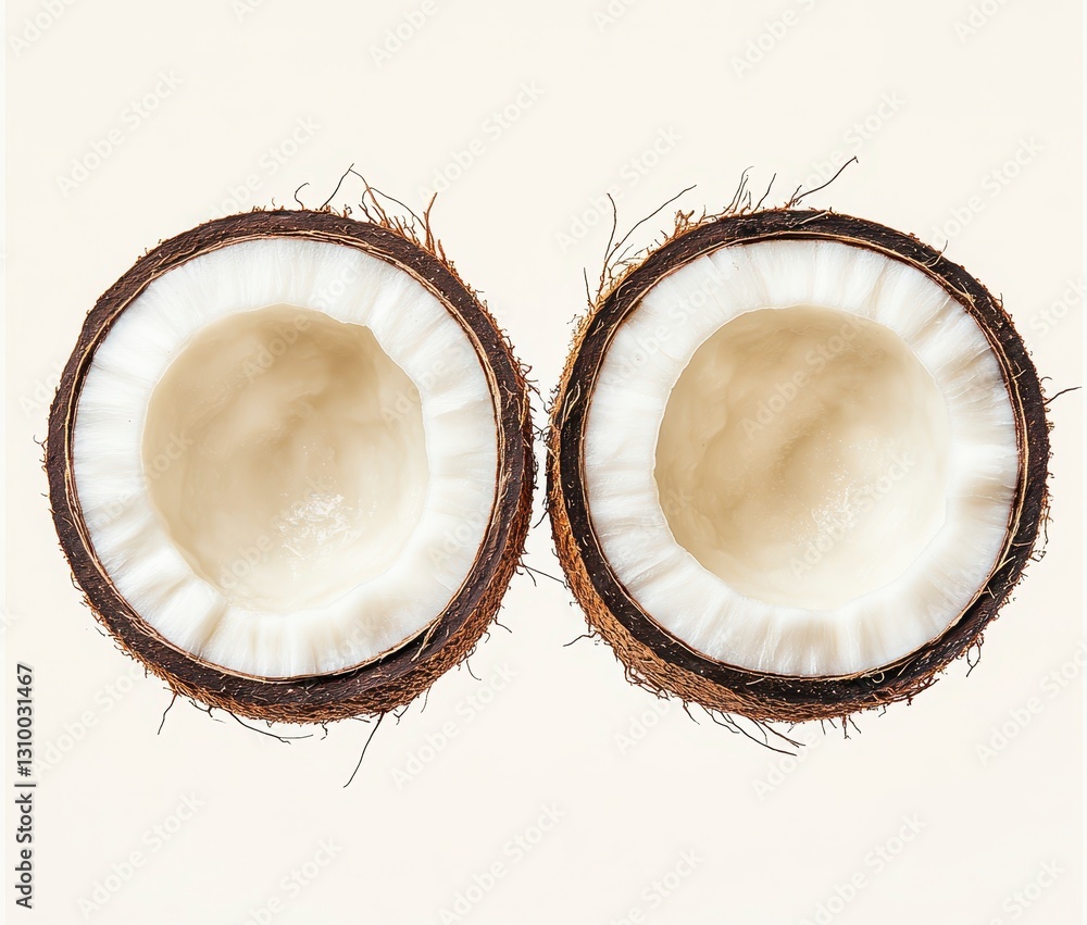 Two Halves of a Fresh Coconut with White Flesh and Brown Shell on White Background Two Halves of a Fresh Coconut with White Flesh and Brown Shell on White Background