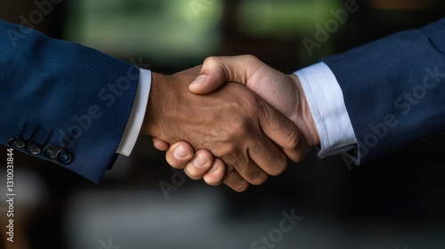 Close up Handshake Two Men in Navy Suits Shake Hands Against a Blurred Background