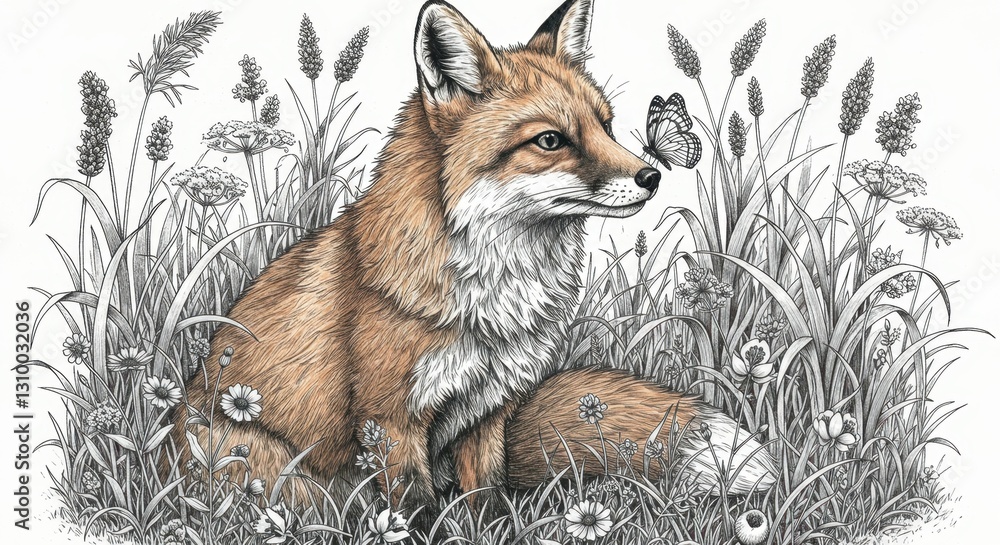 Fototapeta premium Friendly Fox in a Meadow with Wildflowers and a Butterfly