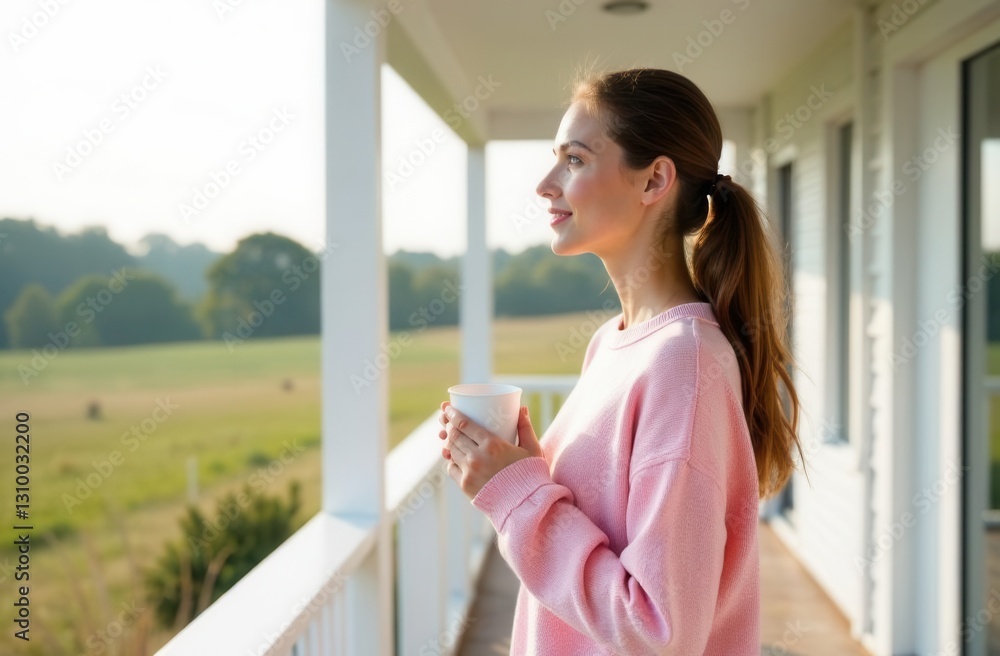 Woman relaxing on porch with morning coffee in casual attire Woman relaxing on porch with morning coffee in casual attire