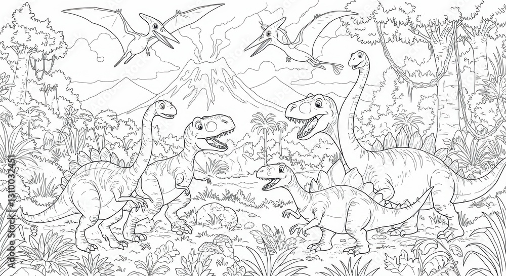 Fototapeta premium Dinosaurs Playing in a Prehistoric Jungle with a Volcano