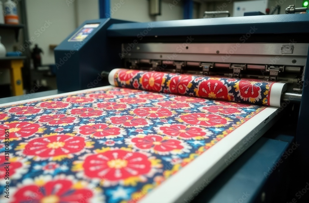 Fototapeta premium Colorful floral fabric printing process in modern textile manufacturing