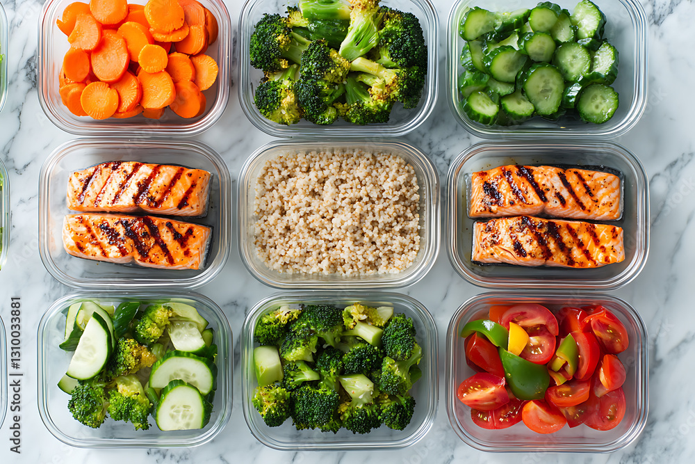A beautifully arranged selection of healthy meal prep containers filled with fresh vegetables, grilled salmon, and whole grains A beautifully arranged selection of healthy meal prep containers filled with fresh vegetables, grilled salmon, and whole grains