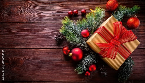 Christmas Composition on Rustic Wood Background Vivid Holiday Scene with Glittering Ornaments, Warm Glows, and Rich Textures Capturing the Joyful Spirit of Winter