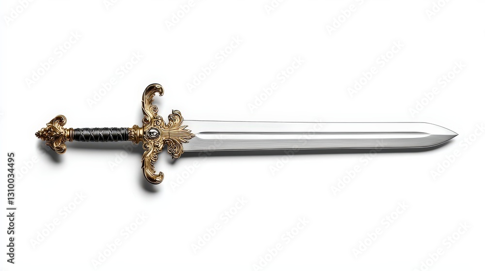 Ornate medieval sword with gold hilt isolated on white background. Ornate medieval sword with gold hilt isolated on white background.