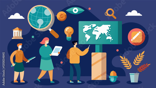 Travel through virtual exhibits and discover the stories behind each piece in Interactive Museum Scavenger Hunts.. Vector illustration
