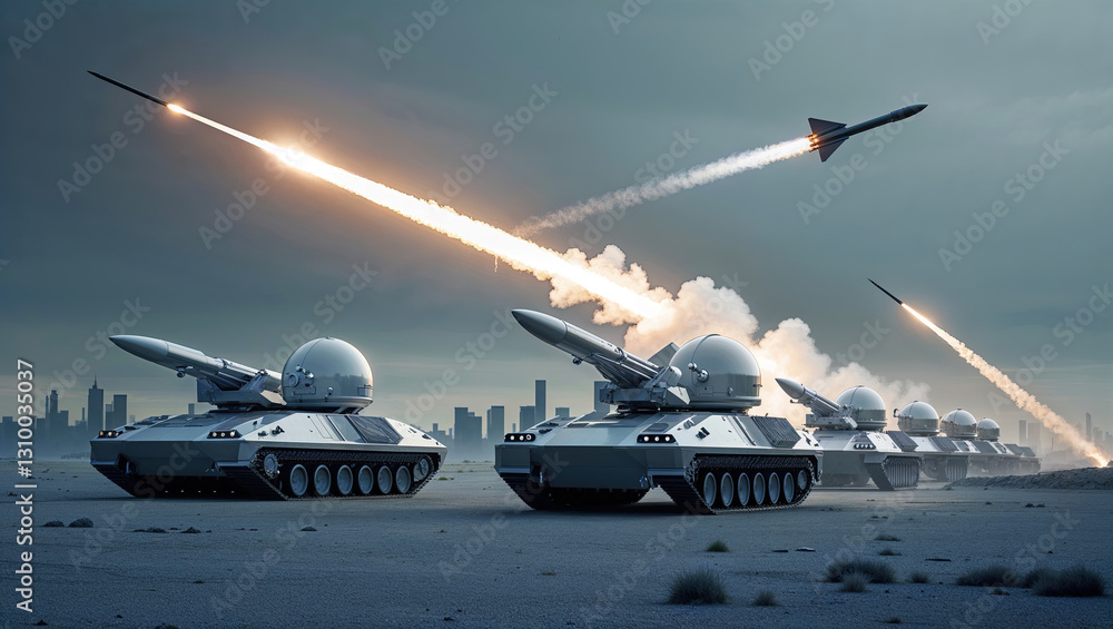 Military tanks launching missiles towards a city in desert, embodying the intensity of modern warfare and the chaos of conflict. Missile defence system of anti-missile tanks intercepting