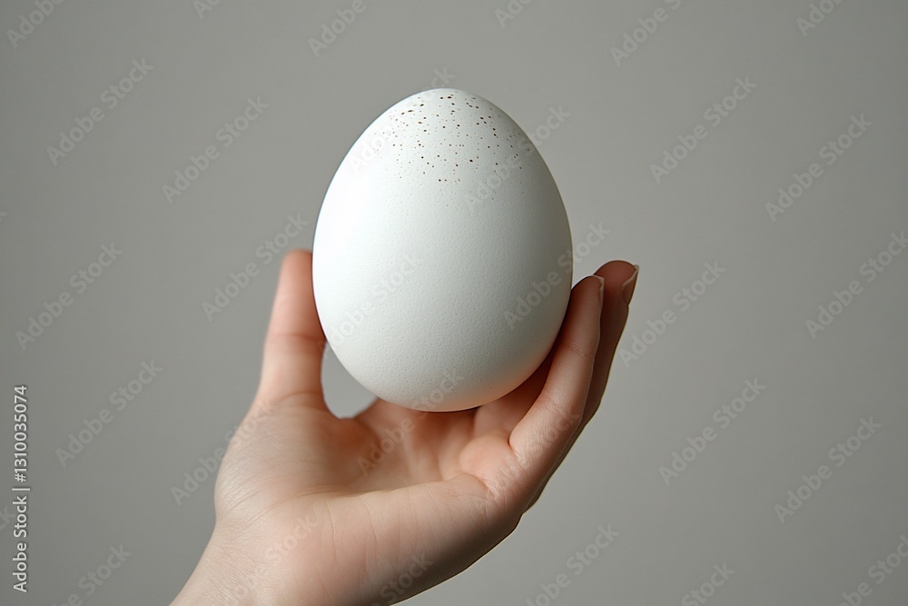 A hand gently cradles a large, speckled white egg A hand gently cradles a large, speckled white egg