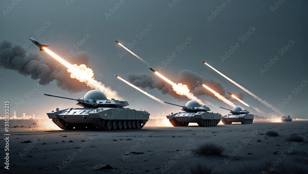 military tanks launching missiles in the desert, creating a powerful display of firepower and military might against with a distant city. Missile defence system of anti-missile tanks intercepting