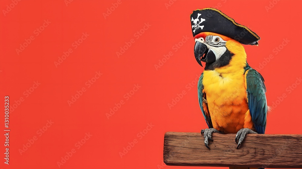 Fototapeta premium A cheerful parrot, proudly wearing a playful pirate hat, is perched atop a rustic wooden post set against a vivid red backdrop, creating a lively scene