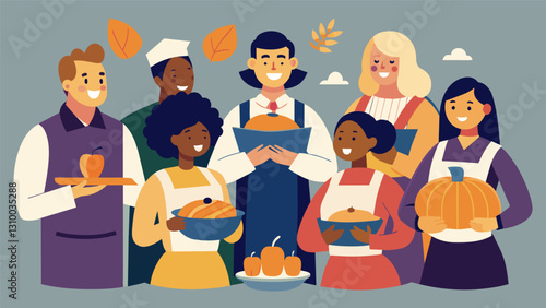 Members of the church choir taking a break from their usual singing duties carefully measuring out ingredients for pumpkin pies to accompany the. Vector illustration