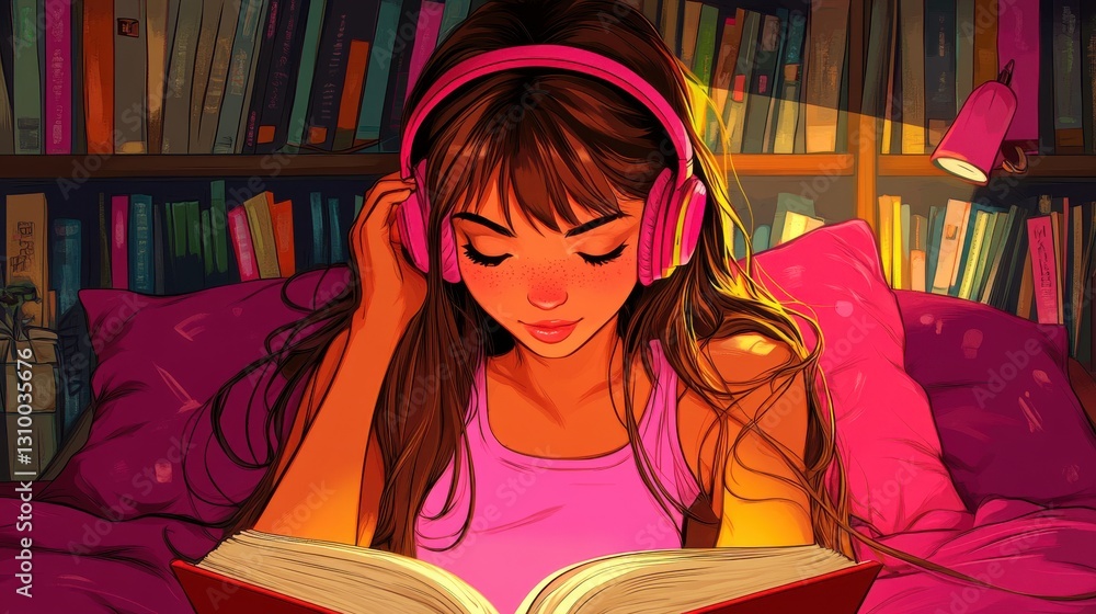 Cozy Reading: Girl Lost in a Book With Headphones Amidst Stacks of Stories