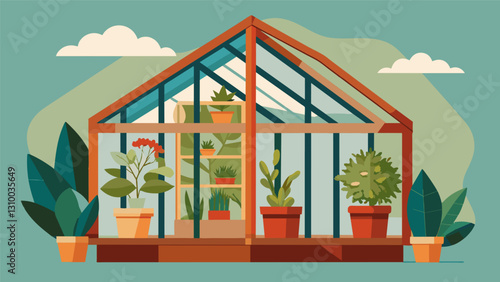 A makeshift greenhouse constructed out of repurposed window frames and reclaimed wood showcasing the beauty of upcycling.. Vector illustration