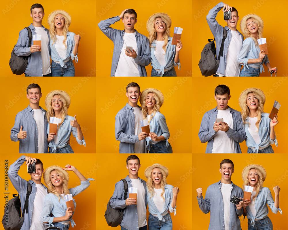 Obraz premium Two enthusiastic travelers take joyful selfies and share their excitement while sipping drinks. Their vibrant expressions highlight a carefree holiday spirit against a bright background.