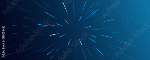 Blue neon rays spread across the center frame on a dark background. Abstract pattern scene of stars moving in space. Modern signal movement. Futuristic technology feel.