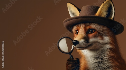 Curious fox dons detective hat and inspects surroundings with a magnifying glass in an intriguing and playful manner, showcasing whimsy in a neutral-toned setting