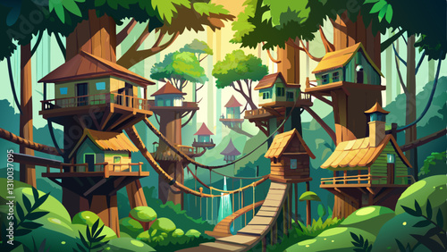 giant treehouse village hidden in a dense forest with rope bridges