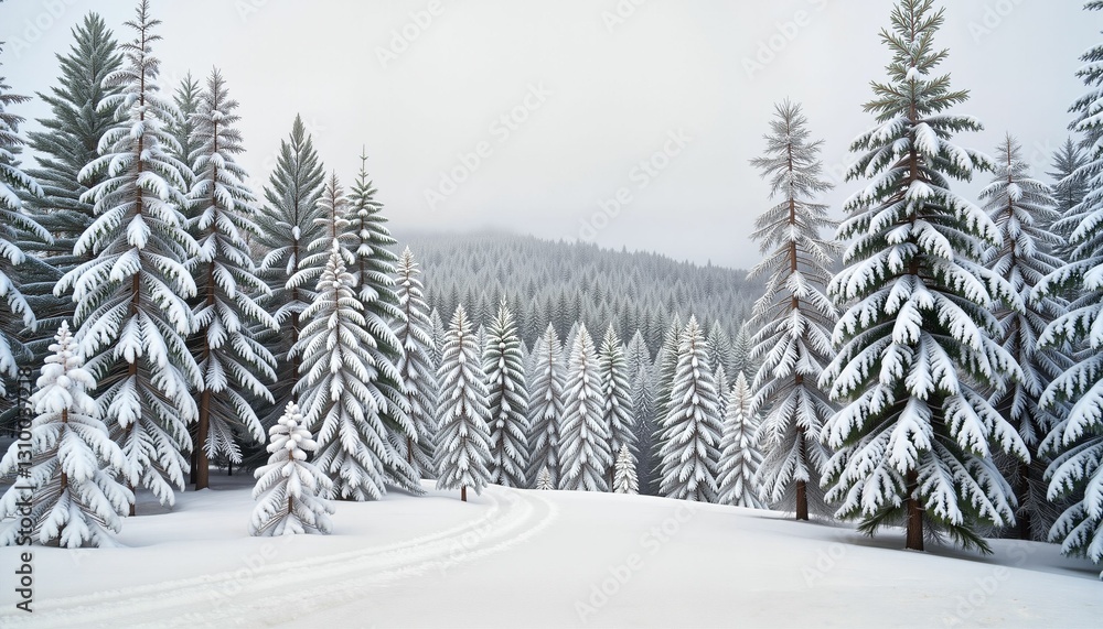 Naklejka premium Snow-covered woods in serene landscape, winter tranquility