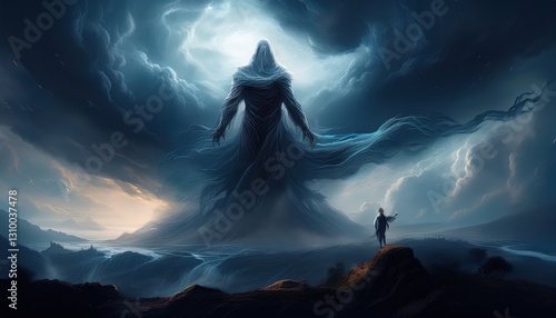 A colossal figure made of mist rises against a dramatic sky, while a lone traveler gazes in awe.