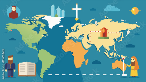 Maps and timelines decorate the walls illustrating the spread of Christianity throughout different regions and time periods.. Vector illustration