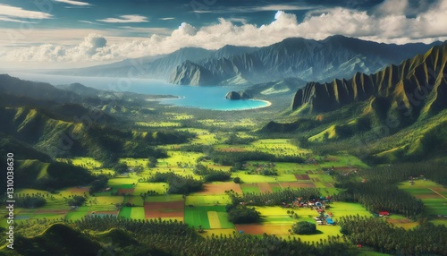 Breathtaking aerial view of vibrant green valley, ocean, and mountains in kauai, hawaii