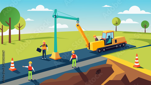 Workers using heavy machinery to dig holes for the installation of utility poles along a road.. Vector illustration