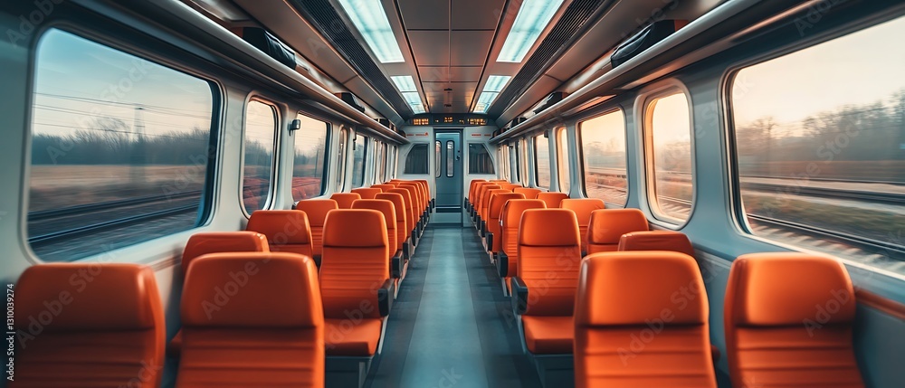 Fototapeta premium Empty Train Car Interior with Orange Seats