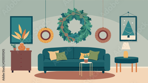 A living room adorned with handmade holiday wreaths made from natural materials and foraged greenery.. Vector illustration