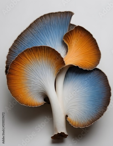 A mushroom with orange and blue colors on a white background.