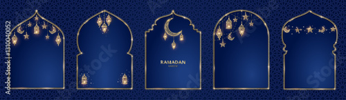 Ramadan or Al-Adha background. Islamic windows, mosque doors, holiday frames. Golden decoration. Lanterns, crescent, stars. Traditional muslim pattern. Vertical format for cards.