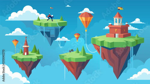 The floating islands of Skytopia offer an exhilarating fitness experience with aerial adventure courses and challenges that test players balance and. Vector illustration