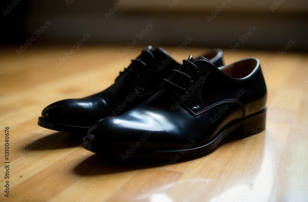 Elegant black leather shoes on wooden floor for formal wedding attire