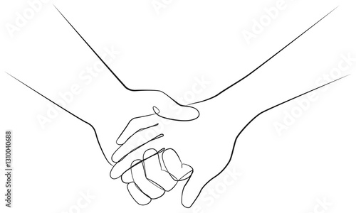 Couple holding hands one line drawing on white isolated background