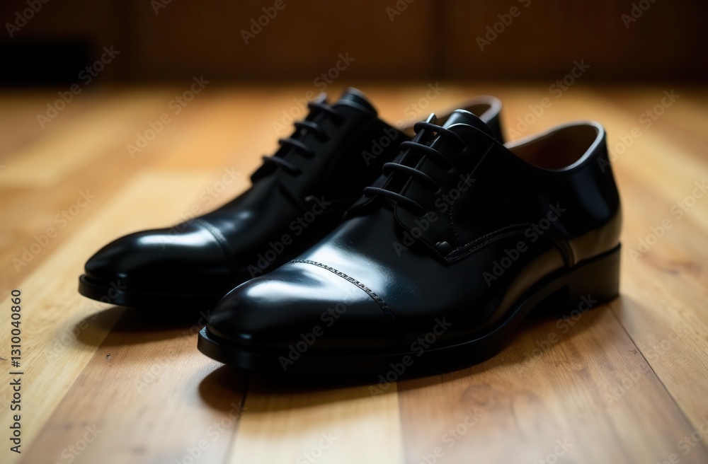 Elegant black leather formal shoes on wooden floor for a wedding celebration Elegant black leather formal shoes on wooden floor for a wedding celebration