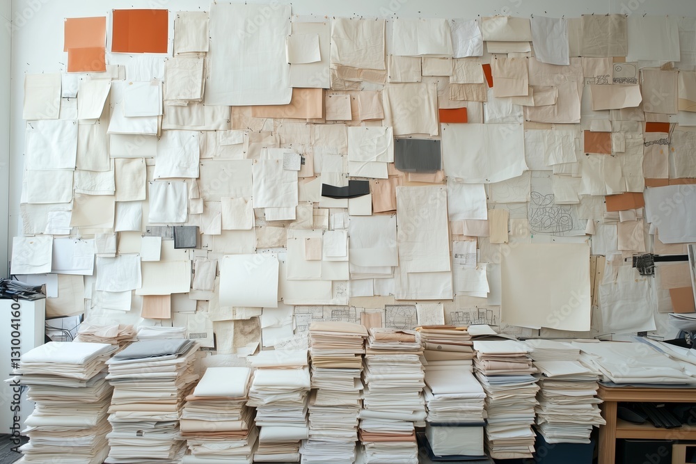 A visually inspiring workspace featuring a large mood board filled with pinned papers, sketches, and color samples. A visually inspiring workspace featuring a large mood board filled with pinned papers, sketches, and color samples.