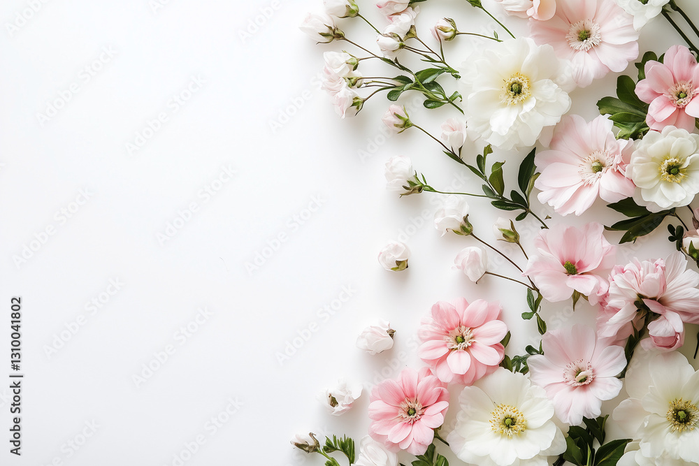 Fototapeta premium A Beautiful Arrangement of Delicate Pink and White Flowers on a Crisp White Background