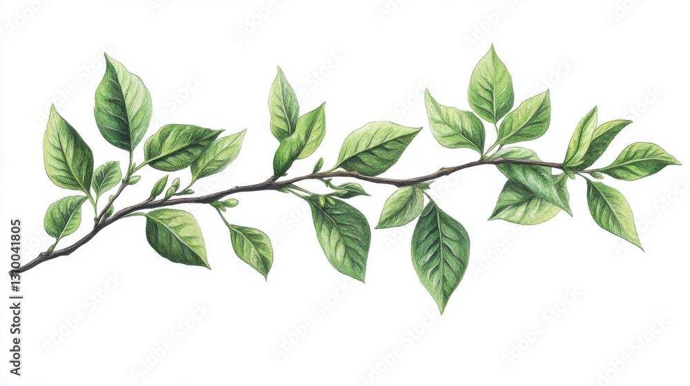 Branch with Lush Green Leaves - A Botanical Illustration of Vibrant Spring Growth Branch with Lush Green Leaves - A Botanical Illustration of Vibrant Spring Growth