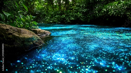  A river brimming with numerous blue stars lies beside a verdant forest teeming with various green flora and rock formations