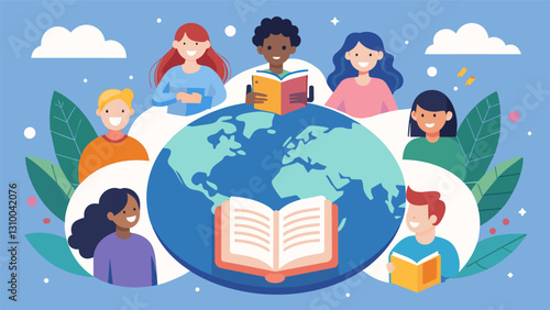 Through a virtual global book club students from different countries read and discuss literature from around the world.. Vector illustration