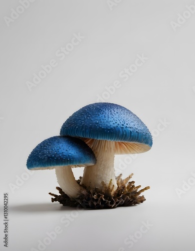 Two blue mushrooms on a white background