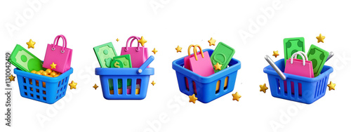 Blue shopping basket money 3d on PNG background.
