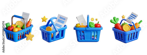 Blue shopping basket money 3d on PNG background.