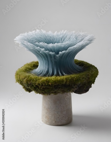 A uniquely designed piece of art featuring a fantastical blue wave-like structure on a moss-covered pedestal set against a white background.