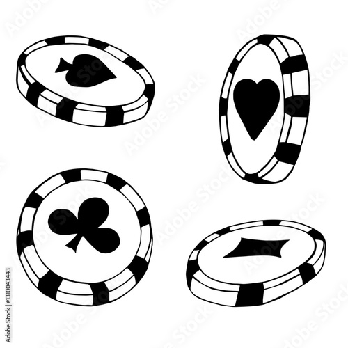 Doodle style poker chips. Hand drawn. Card suits of spades, buba, cross, hearts. Vector stock illustration. Isolated on white background. 